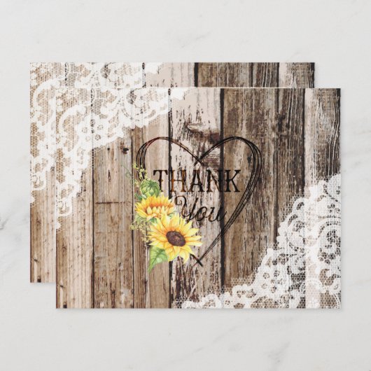 ウッド素朴レースひまわりハートエッチングありがとう サンキューカード (正面/裏面)