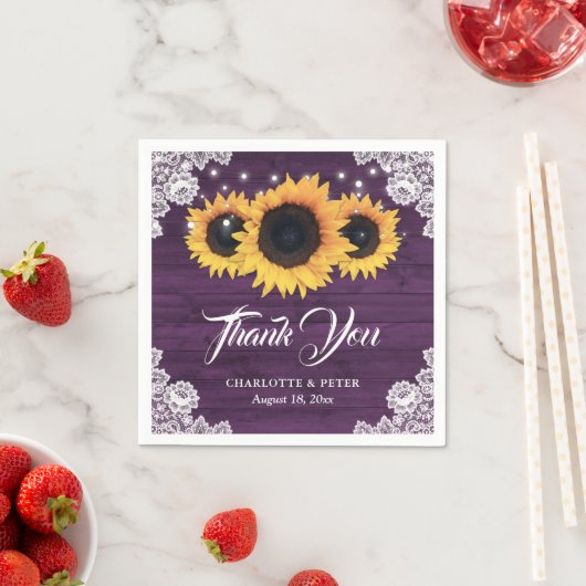 ウッド素朴レースひまわりパープル結婚ズ スタンダードカクテルナプキン (インサイチュ)