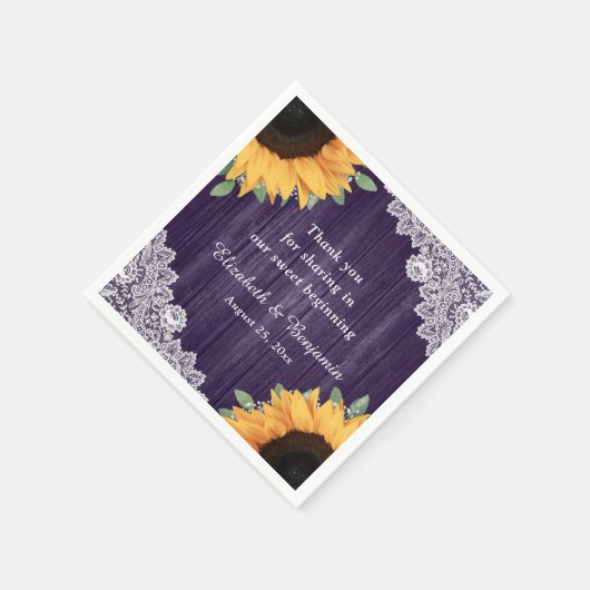 ウッド素朴レースひまわりパープル結婚ズ スタンダードカクテルナプキン (角)