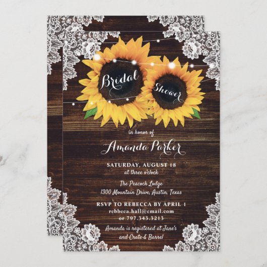 ウッド素朴レースサンフラワーブライダルシャワー 招待状 (正面/裏面)