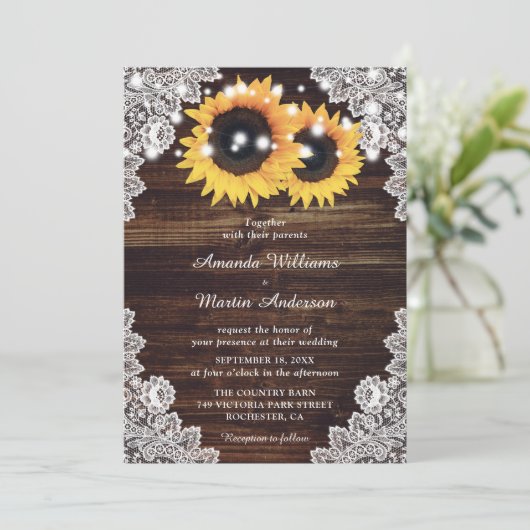 ウッド素朴レースサンフラワー結婚式招待状 招待状 (スタンド正面)