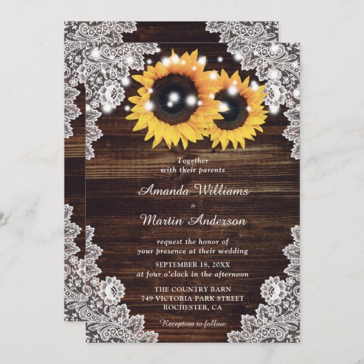 ウッド素朴レースサンフラワー結婚式招待状 招待状 (正面/裏面)
