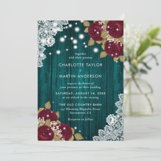 ウッド素朴レースバーガンディとティール(緑がかった色)フローラ結婚 招待状 (スタンド正面)