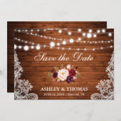 ウッド素朴レースバーガンディフローラ保存日 セーブザデート (正面/裏面)