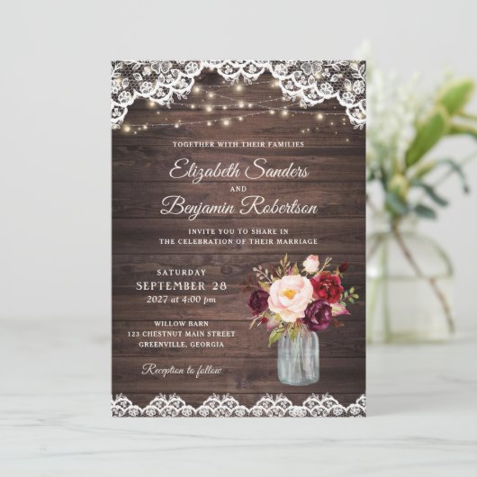 ウッド素朴レースバーガンディ赤面メイスンジャー結婚ズ 招待状 (スタンド正面)