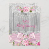 ウッド素朴レースピンクフローラベビーシャワー2 招待状 (正面/裏面)