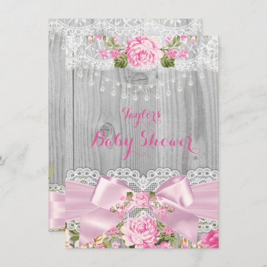 ウッド素朴レースピンクフローラベビーシャワー2 招待状 (正面/裏面)