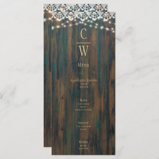 ウッド素朴レースライト金ゴールド文字結婚ズ メニュー (正面/裏面)