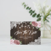 ウッド素朴レース赤面ピンク日付ポストカードを保存 案内ポストカード (スタンド正面)