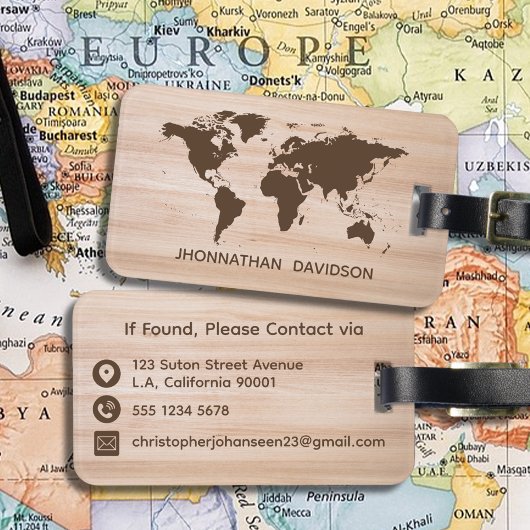 ウッド素朴ワールドトラベルマップブラウン名タイポグラフィ ラゲッジタグ