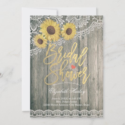 ウッド素朴ヴィンテージサンフラワーレースブライダルシャワー 招待状 (正面)