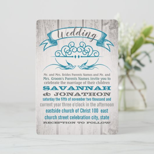 ウッド素朴ヴィンテージラブバード結婚式招待状 招待状 (スタンド正面)