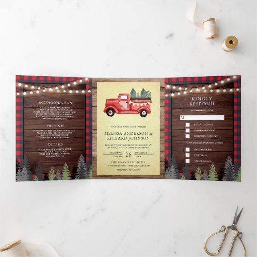 ウッド素朴ヴィンテージレッドクリスマストラック結婚ズ 三つ折り招待状 (内部)