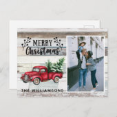 ウッド素朴ヴィンテージレッドトラック写真スクリプトメリー シーズンポストカード (正面/裏面)
