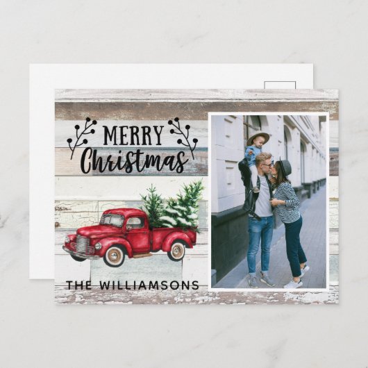 ウッド素朴ヴィンテージレッドトラック写真スクリプトメリー シーズンポストカード (正面/裏面)
