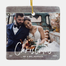 ウッド素朴初めてのクリスマスの結婚写真 セラミックオーナメント