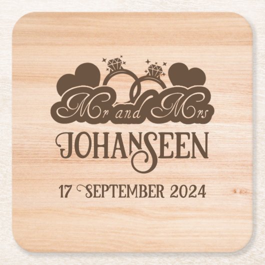 ウッド素朴夫妻の新郎新婦結婚式の引き出物 スクエアペーパーコースター (正面)