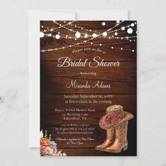 ウッド素朴女性のカーボーイブーツウェスタンブライダルシャワー 招待状 (正面)