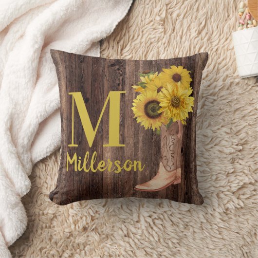 ウッド素朴女性のカーボーイブーツサンフラワーズモノグラム名 クッション (ブランケット)
