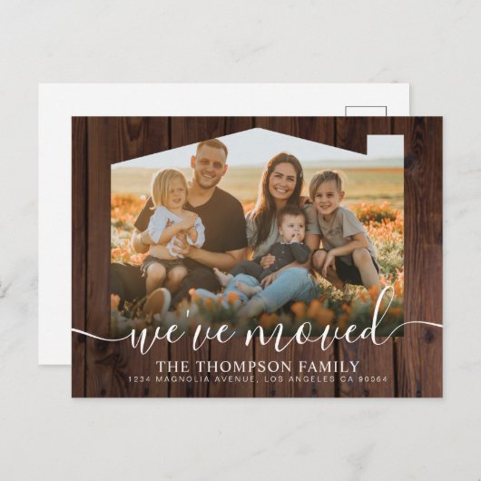 ウッド素朴引っ越しました新しいホームフォトムービング 案内ポストカード (正面/裏面)