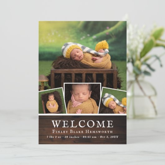 ウッド素朴新生児フォトコラージュウェルカム 案内状 (スタンド正面)