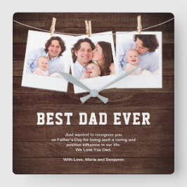 ウッド素朴最高のパパEver 3 Photo Collage スクエア壁時計