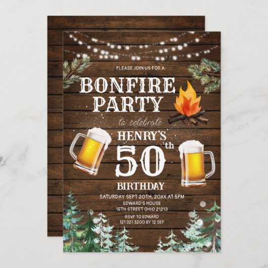 ウッド素朴焚き火ビールアダルト誕生日屋外 招待状 (正面/裏面)