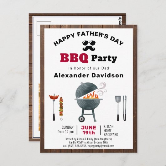 ウッド素朴父の日の写真BBQ招待状 ポストカード (正面/裏面)