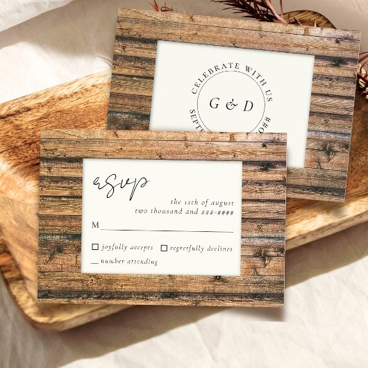 ウッド素朴白黒アイボリーエレガントウェディングRSVP 出欠カード