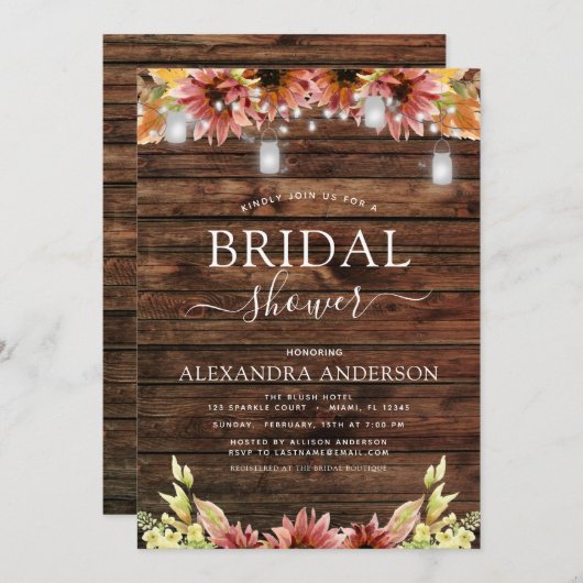 ウッド素朴秋ひまわりブライダルシャワー 招待状 (正面/裏面)