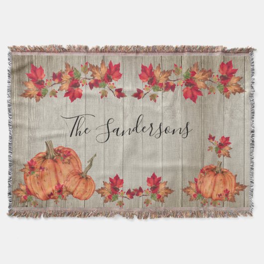 ウッド素朴秋オレンジカボチャ紅葉Thr スローブランケット (正面)