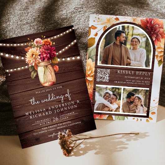ウッド素朴秋ダリアメイソンジャーQRコー結婚ド 招待状