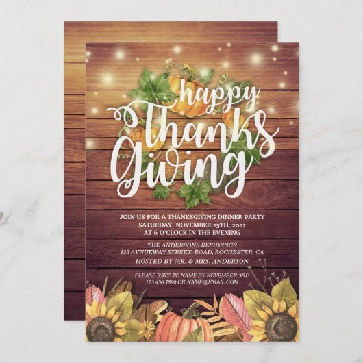 ウッド素朴秋メープルサンクスギビングディナーパーティー 招待状 (正面/裏面)