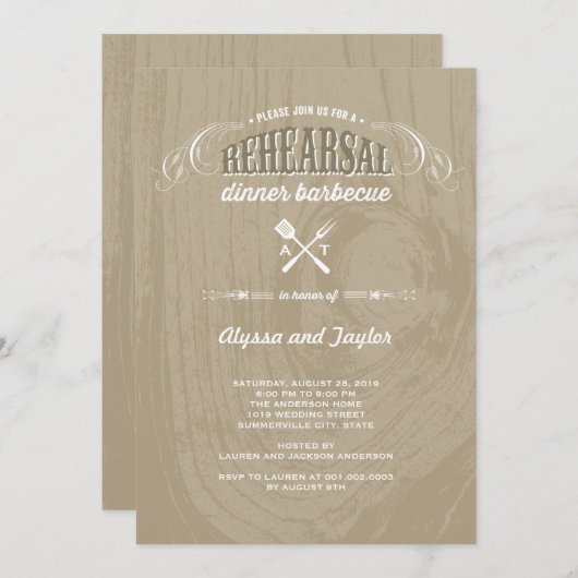ウッド素朴結婚のリハーサルディナーBBQパーティー 招待状 (正面/裏面)