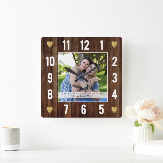 ウッド素朴結婚記念日の引用文写真 スクエア壁時計 (ホーム)