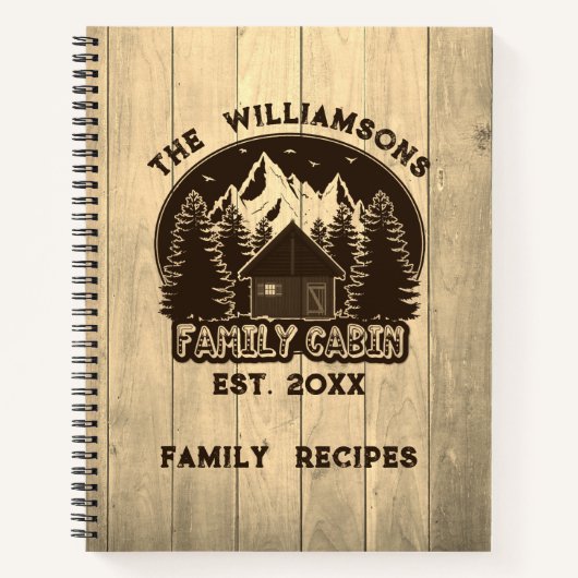 ウッド素朴自然ファミリーキャビンレシピブラウンネーム ノートブック (正面)