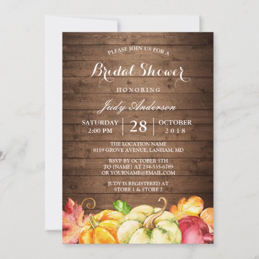ウッド素朴葉パンプキン秋ブライダルシャワー 招待状 (正面)