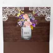 ウッド素朴薄紫ピンクローズメイソンジャールレース結婚ズ 三つ折り招待状 (内部最初)