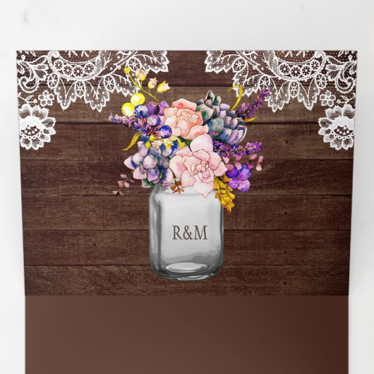 ウッド素朴薄紫ピンクローズメイソンジャールレース結婚ズ 三つ折り招待状 (内部最初)