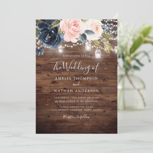 ウッド素朴赤面ネイビーフローラライツ結婚ズ 招待状 (スタンド正面)