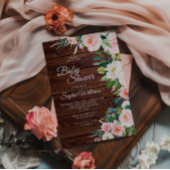 ウッド素朴赤面ピンクの花ベビーシャワー 招待状