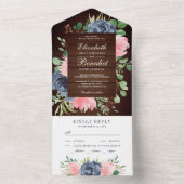 ウッド素朴赤面ピンクネイビーブルーフローラズ結婚 オールインワン招待状 (内側)