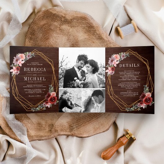 ウッド素朴赤面ピンクバーガンディフローラ結婚ズ 三つ折り招待状