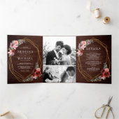 ウッド素朴赤面ピンクバーガンディフローラ結婚ズ 三つ折り招待状 (内部)