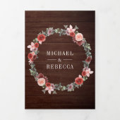 ウッド素朴赤面ピンクバーガンディフローラ結婚ズ 三つ折り招待状 (カバー)