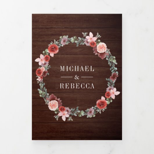 ウッド素朴赤面ピンクバーガンディフローラ結婚ズ 三つ折り招待状 (カバー)