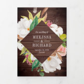 ウッド素朴赤面ピンクフローラ金ゴールドQRコード結婚s 三つ折り招待状 (カバー)