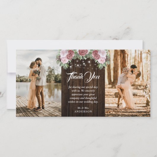 ウッド素朴赤面ピンク結婚フローラの2枚の写真 サンキューカード (正面)