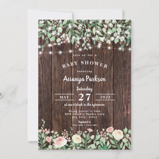 ウッド素朴赤面フローラライトベビーシャワー 招待状 (正面)