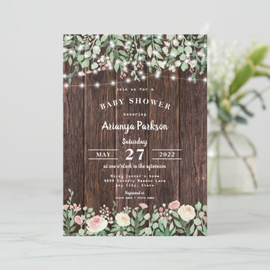 ウッド素朴赤面フローラライトベビーシャワー 招待状 (スタンド正面)